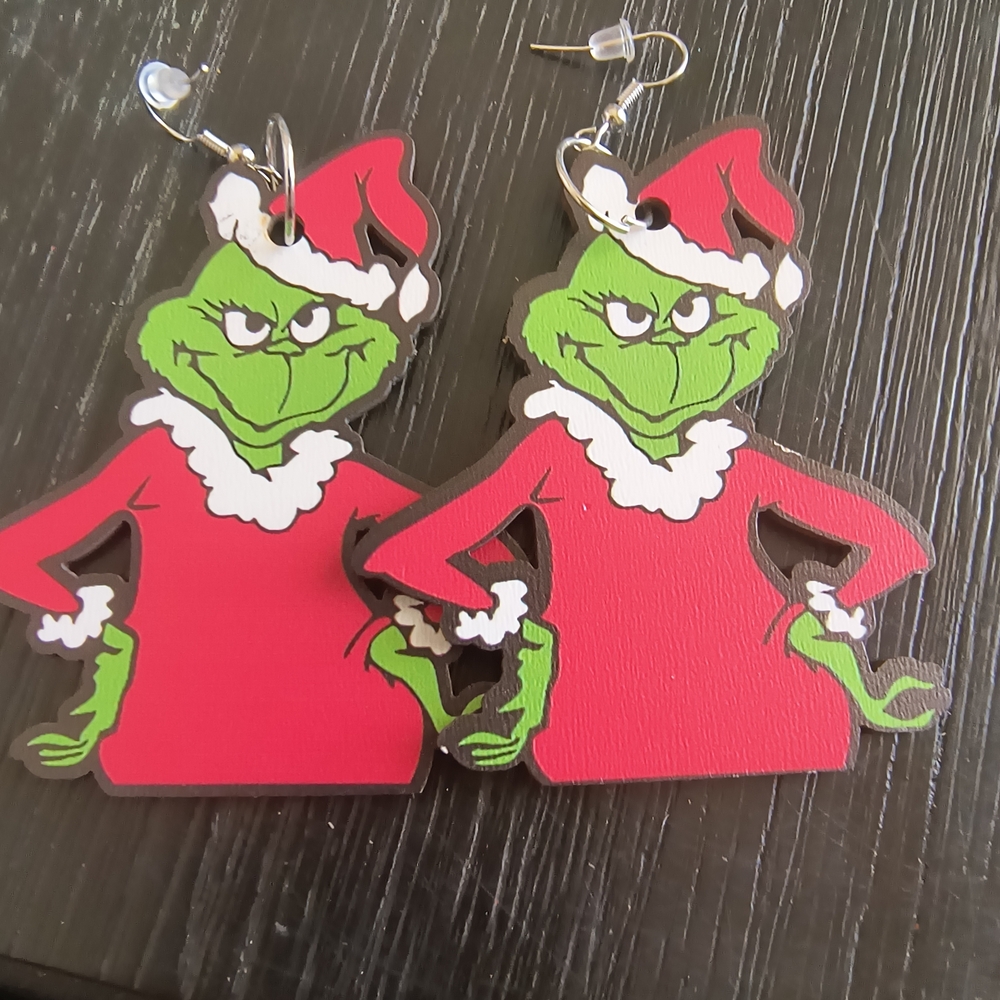 Hand Crafted Grinch Christmas Earrings - Red and Green